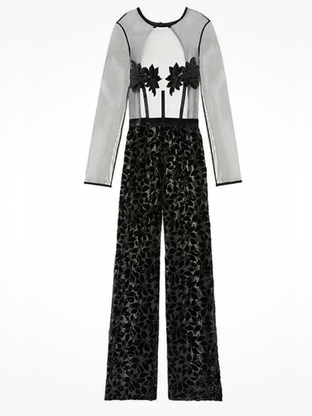 Victoria’s Secret Sheer Mesh Velvet Floral Jumpsuit Wide Leg Black M